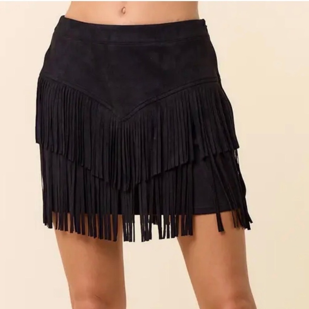 Altar'd State Black Faux Suede Fringe Mini Skirt XS Western NWT